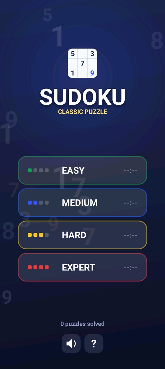 Main menu with four difficulty levels